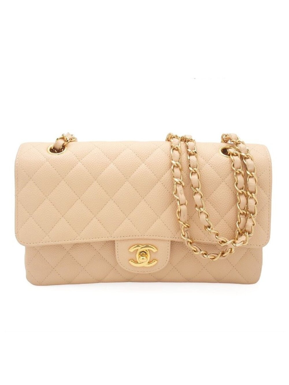 Chanel Quilted Double Flap Chain Shoulder Bag 25 Beige Gold Caviar Leather